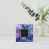 Moderne waterverf blauw paars goud lijst vierkante visitekaartje (Staand voorkant)