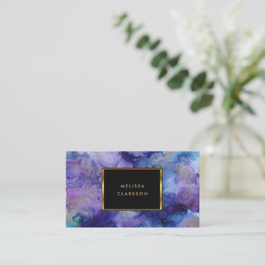 Moderne waterverf blauw paars goud lijst visitekaartje (Staand voorkant)