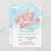 Moderne Waterverf Blauw Roos Goud Oh Baby shower Kaart (Voorkant / Achterkant)