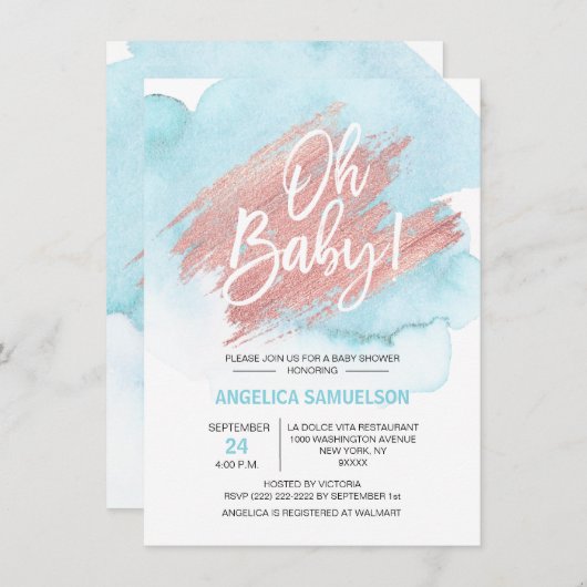 Moderne Waterverf Blauw Roos Goud Oh Baby shower Kaart (Voorkant / Achterkant)