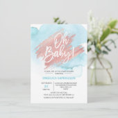 Moderne Waterverf Blauw Roos Goud Oh Baby shower Kaart (Staand voorkant)