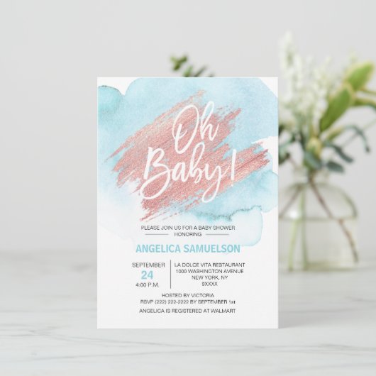 Moderne Waterverf Blauw Roos Goud Oh Baby shower Kaart (Staand voorkant)