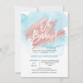 Moderne Waterverf Blauw Roos Goud Oh Baby shower Kaart (Voorkant)