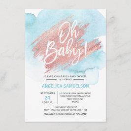 Moderne Waterverf Blauw Roos Goud Oh Baby shower Kaart