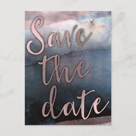 Moderne Waterverf Blauw & Roos Goud Save the Date Aankondigingskaart (Voorkant)