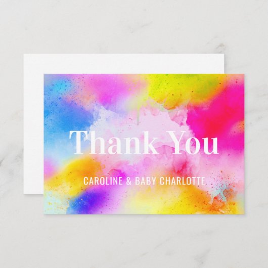 Moderne Waterverf Blauw Roze Geel DANK U Bedankkaart (Voorkant / Achterkant)