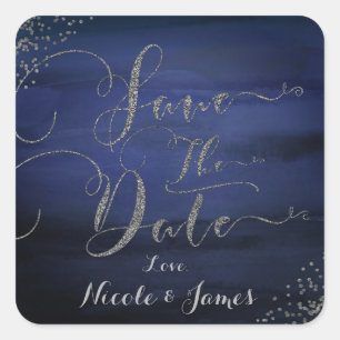 Moderne Waterverf Blauw Zilver Confetti Opslagdatu Vierkante Sticker