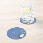 Moderne Waterverf Blauwe Bloemenbruiloft Ronde Kartonnen Onderzetter (Insitu)