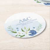 Moderne Waterverf Blauwe Bloemenbruiloft Ronde Kartonnen Onderzetter (Gebogen)