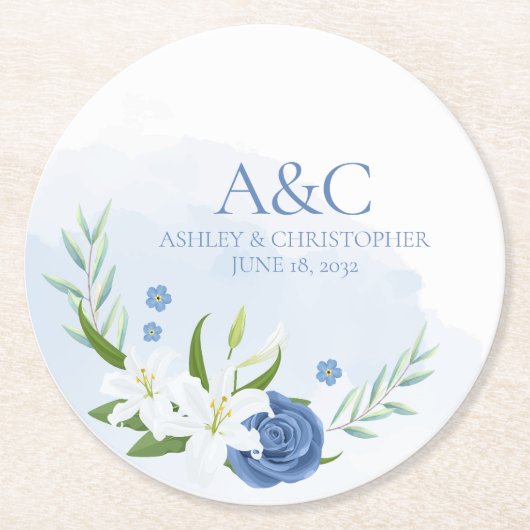Moderne Waterverf Blauwe Bloemenbruiloft Ronde Kartonnen Onderzetter (Voorkant)