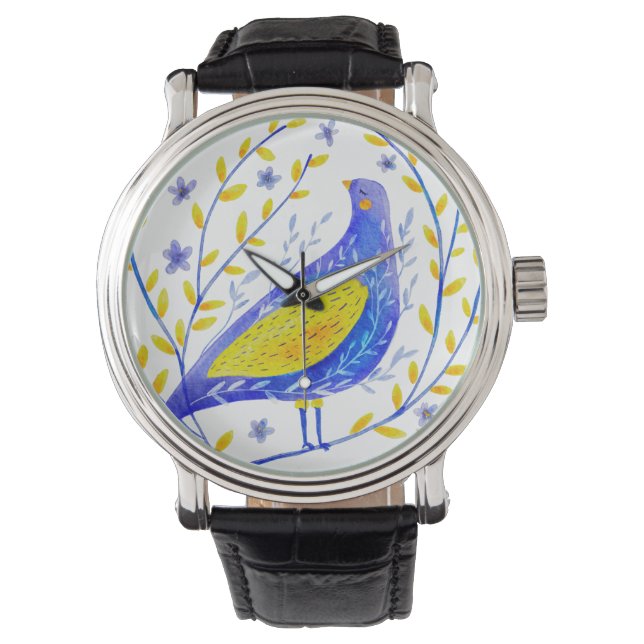 Moderne Waterverf blauwe en gele vogelkunst Horloge (Voorkant)