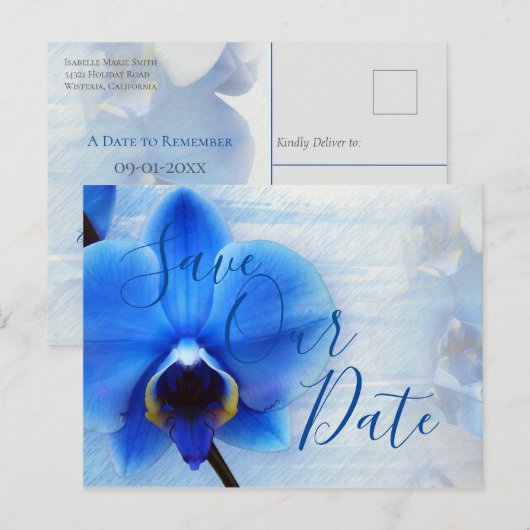 Moderne Waterverf Blauwe Orchid Floral Wedding Briefkaart (Voorkant / Achterkant)