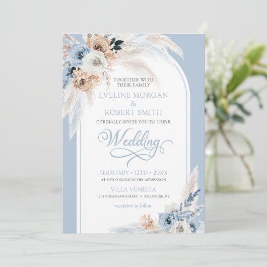 Moderne waterverf blauwe rozen pampas tropische bo kaart (Staand voorkant)