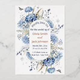 Moderne Waterverf Blauwe Wildbloemen Bruiloft Folie Uitnodiging