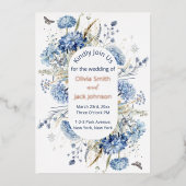 Moderne Waterverf Blauwe Wildbloemen Bruiloft Folie Uitnodiging (Voorkant)