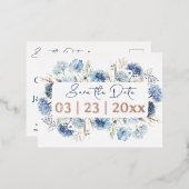 Moderne Waterverf Blauwe Wildbloemen Save the Date Folie Uitnodiging Briefkaart (Voorkant / Achterkant)