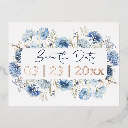 Moderne Waterverf Blauwe Wildbloemen Save the Date Folie Uitnodiging Briefkaart (Voorkant)