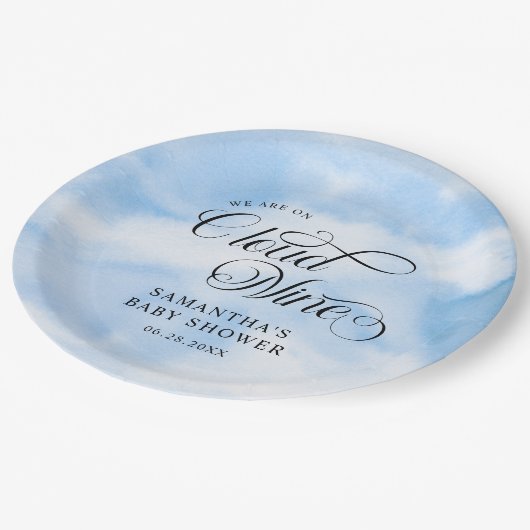 Moderne Waterverf Blauwe Wolk Negen Baby shower Papieren Bordje (Gekanteld)