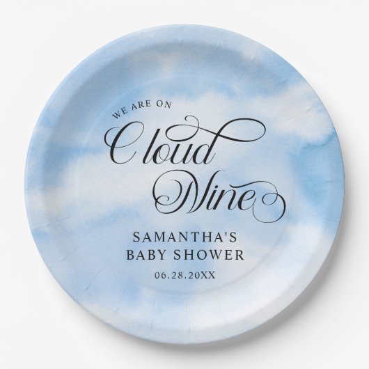 Moderne Waterverf Blauwe Wolk Negen Baby shower Papieren Bordje (Voorkant)