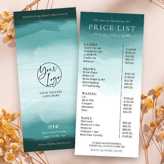 Moderne Waterverf Blauwgroen Business Salon prijsl Reclamekaart