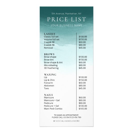 Moderne Waterverf Blauwgroen Business Salon prijsl Reclamekaart (Voorkant)