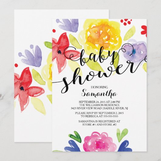 Moderne Waterverf bloemen Baby shower Uitnodiging (Voorkant / Achterkant)