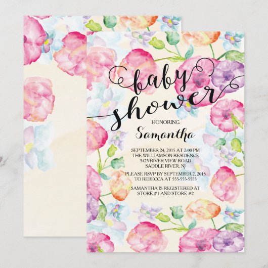Moderne Waterverf bloemen Baby shower Uitnodiging (Voorkant / Achterkant)