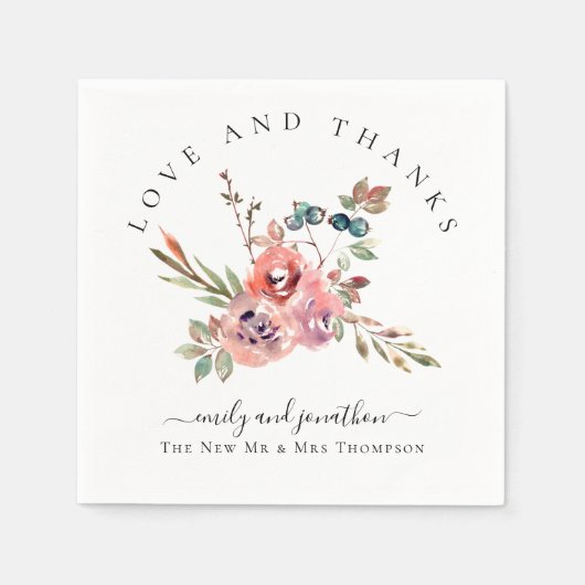 Moderne Waterverf Bloemen Bedankjes Namen Bruiloft Servet (Voorkant)
