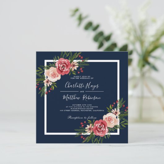 Moderne Waterverf Bloemen Blauwe Winterbruiloft Kaart (Staand voorkant)