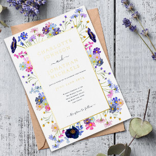 Moderne Waterverf Bloemen Bruiloft Blauw Goud Folie Uitnodiging