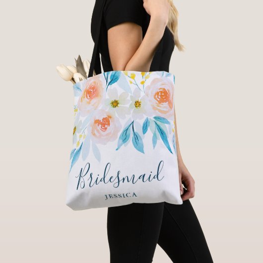 Moderne Waterverf Bloemen Bruiloft Bruidsmeisje Tote Bag (Dichtbij)