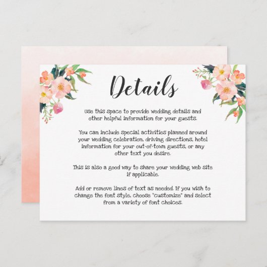 Moderne Waterverf Bloemen bruiloft Details Briefkaart (Voorkant / Achterkant)