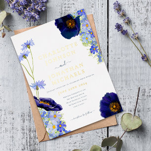 Moderne Waterverf Bloemen Bruiloft in Blauw Folie Uitnodiging