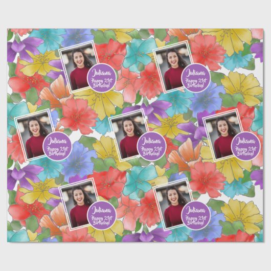 Moderne Waterverf Bloemen Gelukkige 21e Verjaardag Cadeaupapier (Vlak)