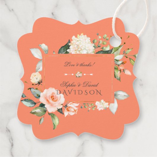 Moderne Waterverf bloemen Living Coral Wedding Bedankjes Labels (Achterkant)