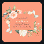 Moderne Waterverf bloemen Living Coral Wedding Vierkante Sticker<br><div class="desc">Elegant Delicate Coral Flowers Wedding Card-ontwerp met een delicaat waterverf koraalbloemen lijst, florale verdeler, op levende koraalachtergrond. Het gebruik personaliseert hulpmiddel om uw info toe te voegen, doopvonten, de kleuren van de doopvont te veranderen. Voor overeenkomende objecten kun je naar mijn Coral Floral Bloom Collectie gaan. Living Coral is de...</div>