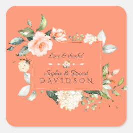 Moderne Waterverf bloemen Living Coral Wedding Vierkante Sticker