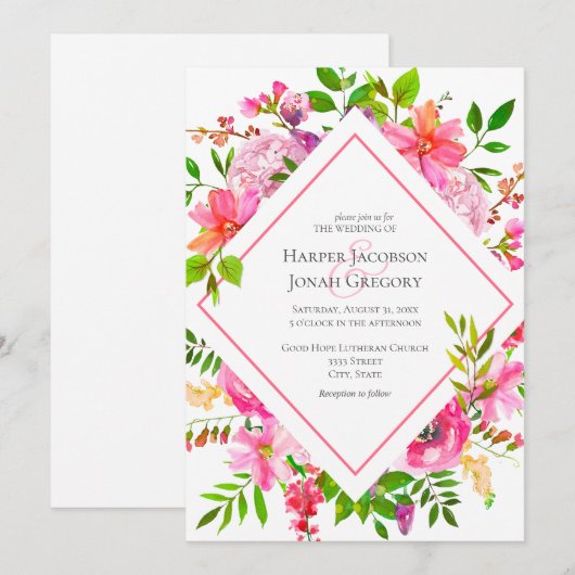 Moderne Waterverf Bloemen Luchtige bruiloft Kaart (Voorkant / Achterkant)