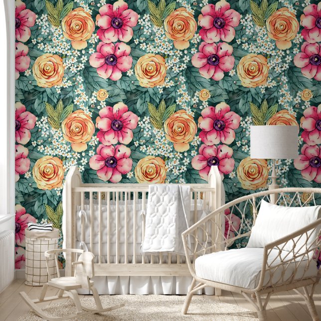 Moderne waterverf bloemen Meerkleurige tuin Schatt Behang (Kinderen)