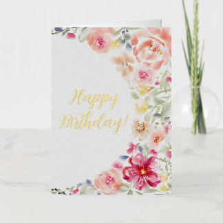 Moderne waterverf bloemen met folie Happy Birthday Wenskaart