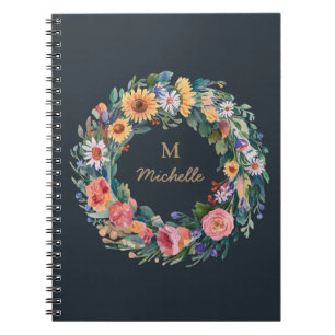 Moderne Waterverf bloemen Monogram Script Naam Notitieboek