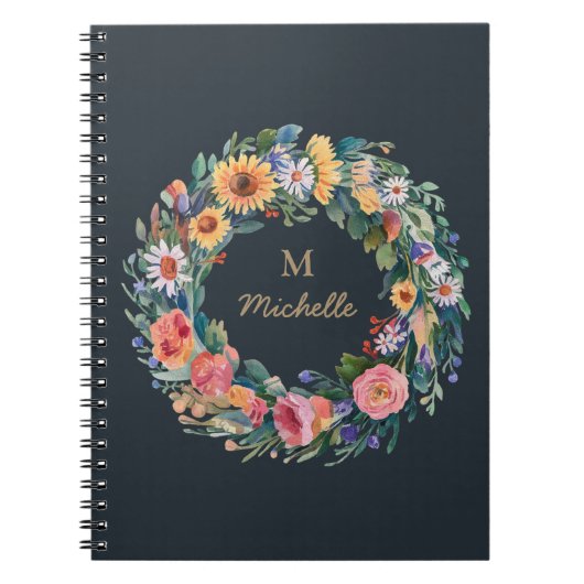 Moderne Waterverf bloemen Monogram Script Naam Notitieboek (Voorkant)