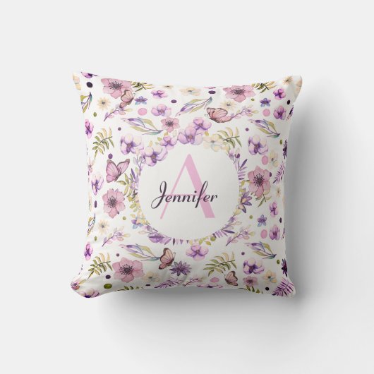 Moderne Waterverf Bloemen Monogrammed Girly White Kussen (Voorkant)
