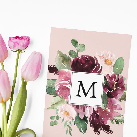 Moderne Waterverf bloemen monogrammen Feestdagenkaart