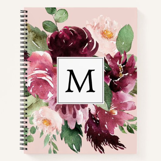 Moderne Waterverf bloemen monogrammen Notitieboek (Voorkant)