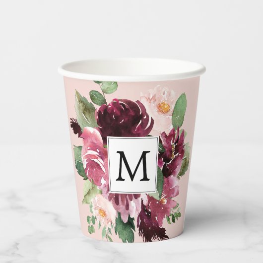 Moderne Waterverf bloemen monogrammen Papieren Bekers (Achterkant)