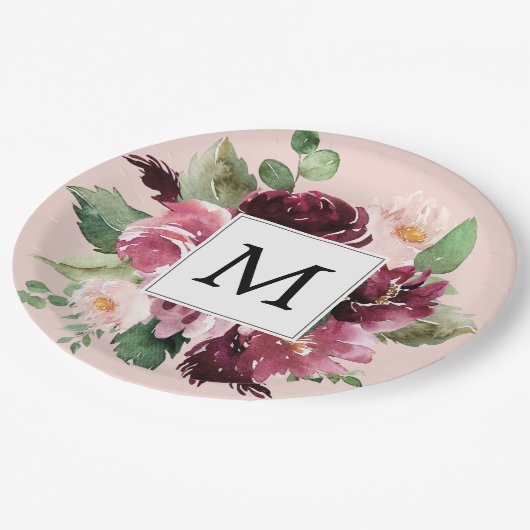 Moderne Waterverf bloemen monogrammen Papieren Bordje (Gekanteld)