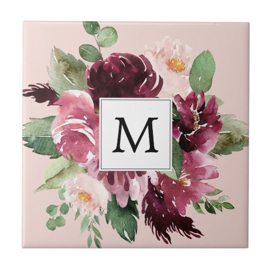 Moderne Waterverf bloemen monogrammen Tegeltje (Voorkant)