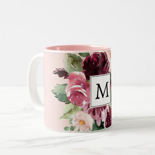 Moderne Waterverf bloemen monogrammen Tweekleurige Koffiemok (Voorkant links)