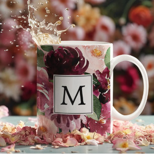 Moderne Waterverf bloemen monogrammen Tweekleurige Koffiemok